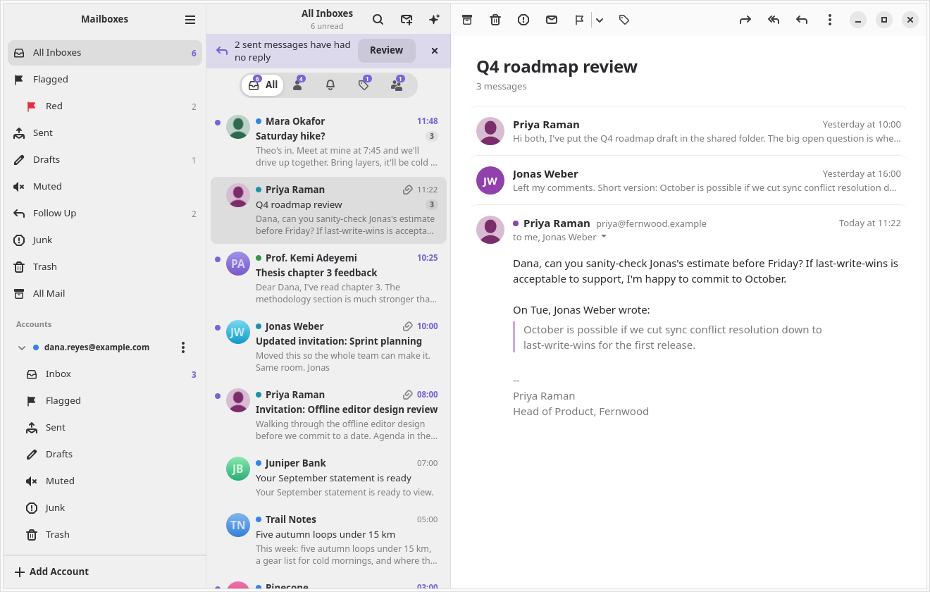 The Penguin Mail inbox, with a conversation open beside the message list